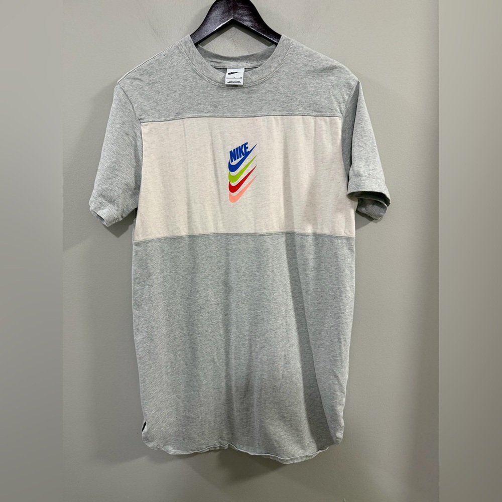 Nike Women's DNA Stacked Swoosh Gray and Cream Oversized T-Shirt Dress. Size S